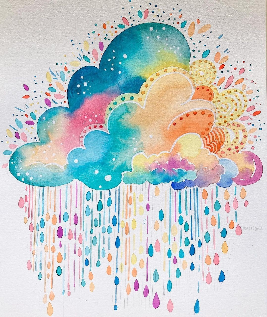 Colorful watercolor clouds with raindrops and ornate rainbow patterns