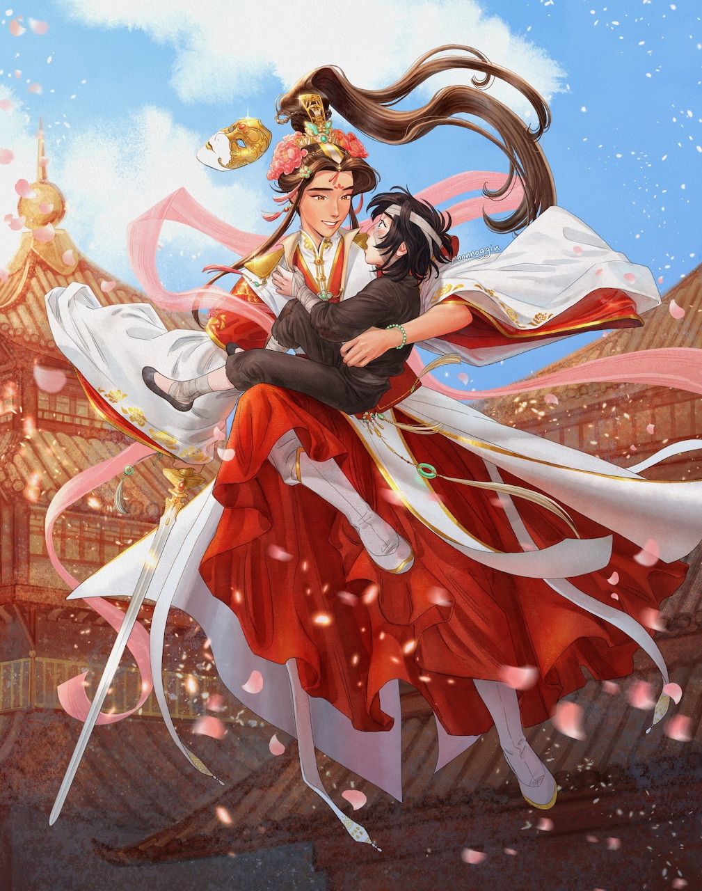 Anime illustration of two figures in traditional red and white Chinese robes embracing with cherry blossom petals falling