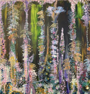 Abstract painting with colorful vertical floral clusters against a dark green and black background