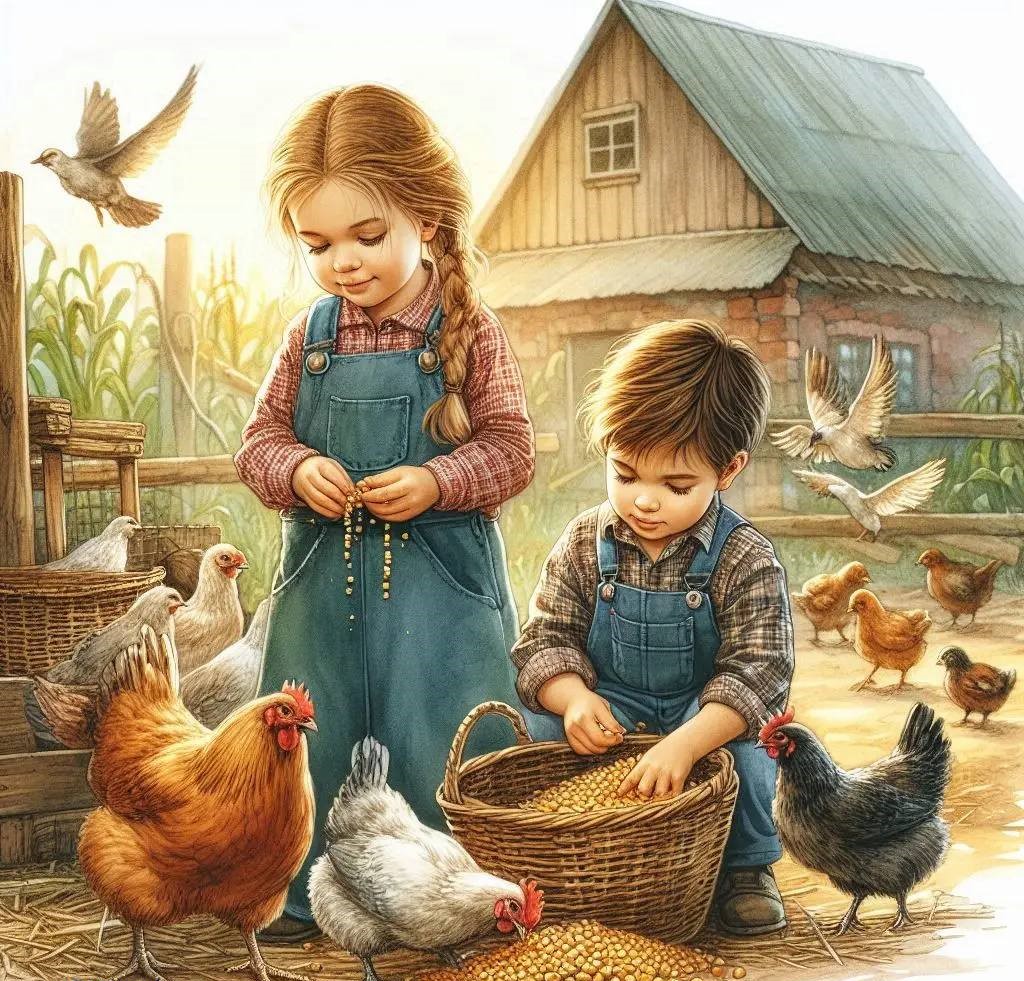 Two children collecting eggs with chickens in a sunlit farmyard