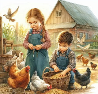 Farm Children with Chickens