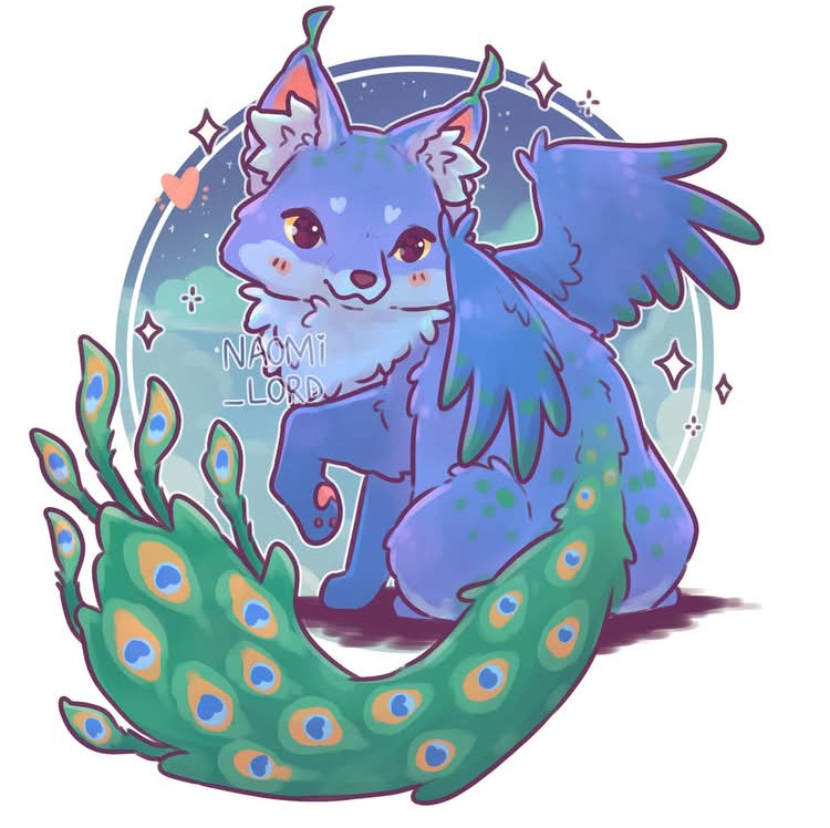 Blue fox creature with peacock tail feathers and eye-spots in illustrated fantasy style