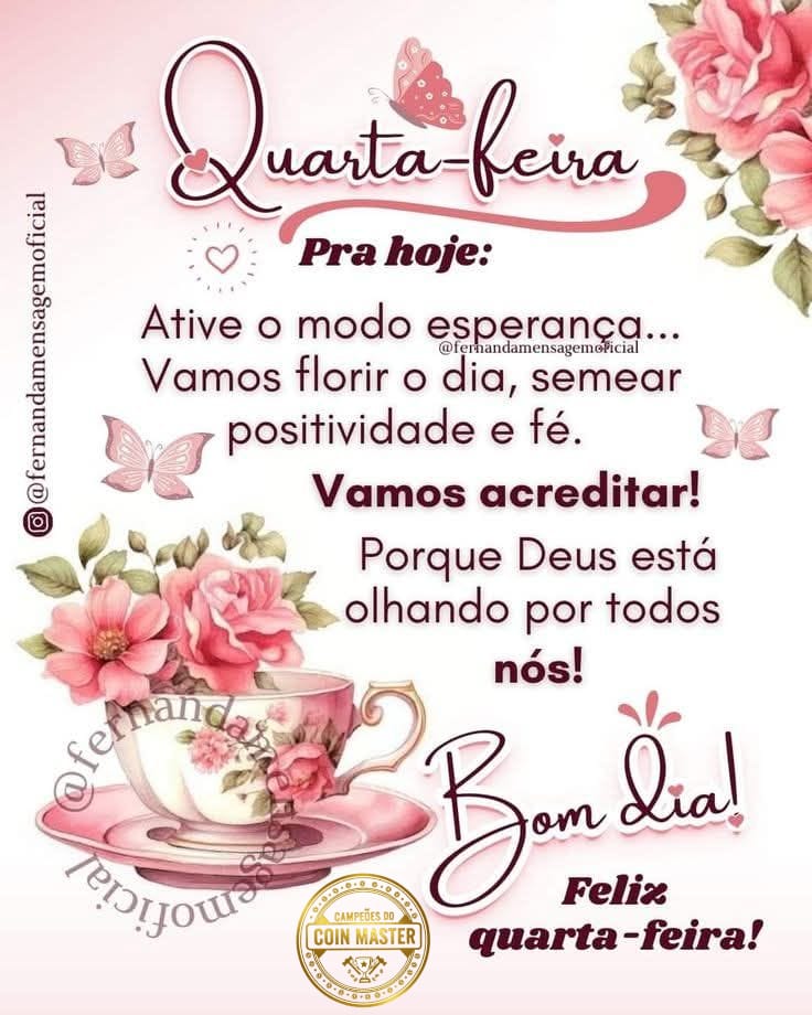 Pink illustrated Wednesday greeting card in Portuguese with teacup, roses and butterflies