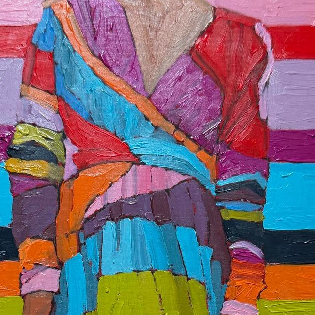 Abstract painting of woman in colorful geometric blocks with thick paint texture