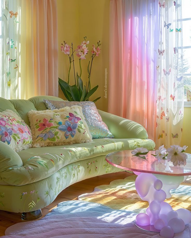 Pastel living room with mint green sofa, floral pillows, pink sheer curtains, and orchid plant
