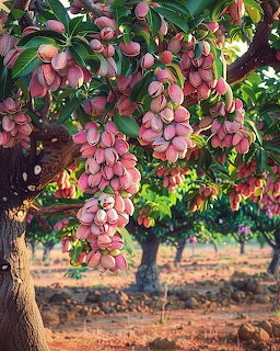 Pistachio tree with clusters of ripe pink fruits hanging from branches in a sunlit orchard