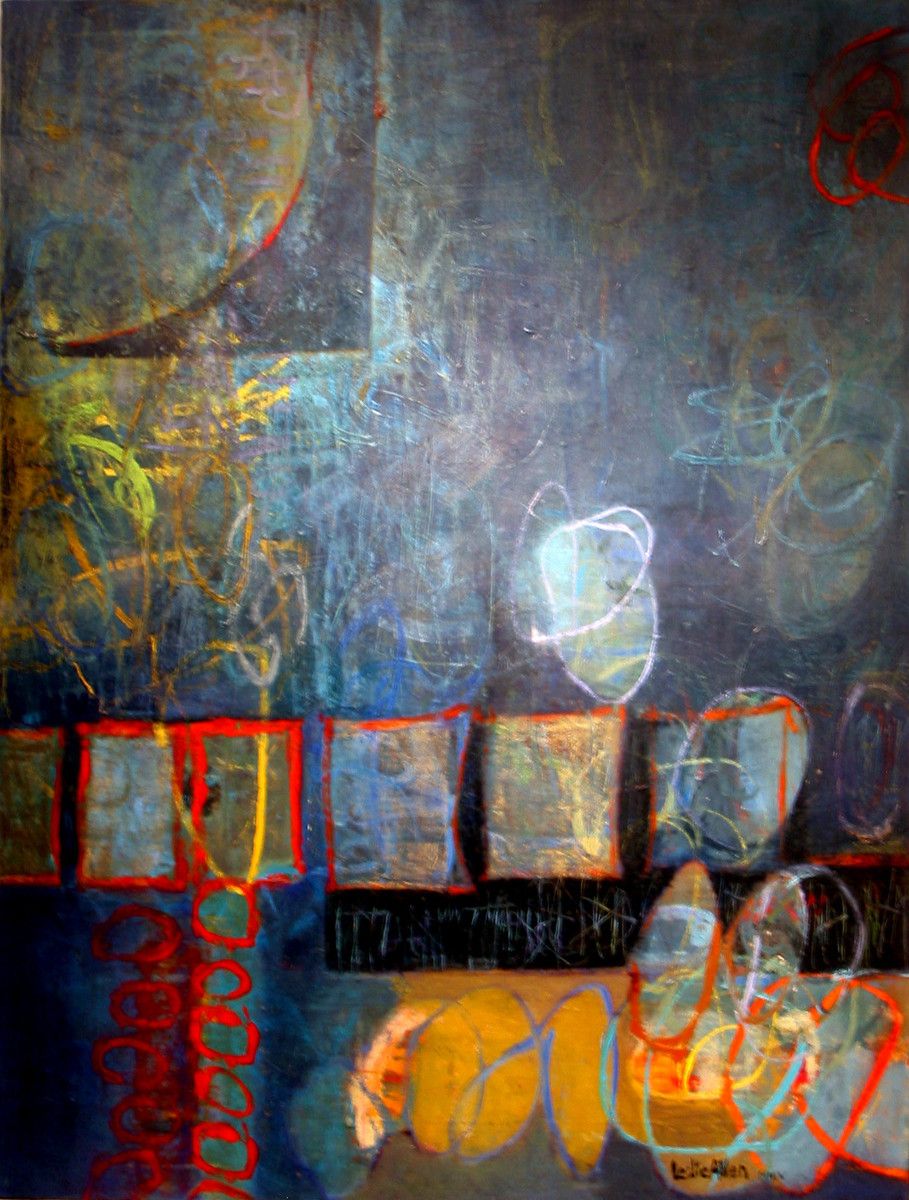 Abstract painting with layered scribbles, textured shapes, and blocks of blue, red, yellow, and gray