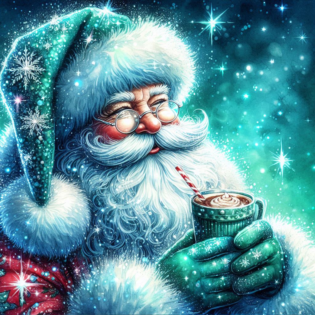 Santa Claus in blue hat and suit holding hot cocoa mug with marshmallows, snowy sparkle background