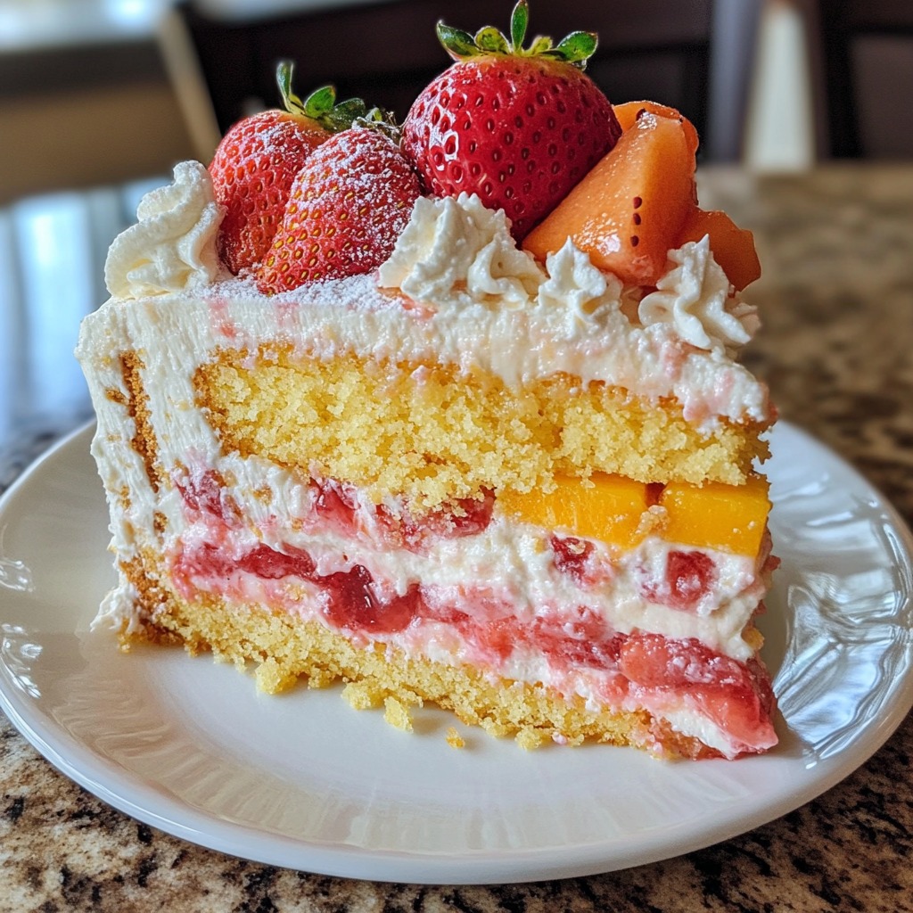 Slice of strawberry mango layer cake with whipped cream and fresh fruit on a white plate