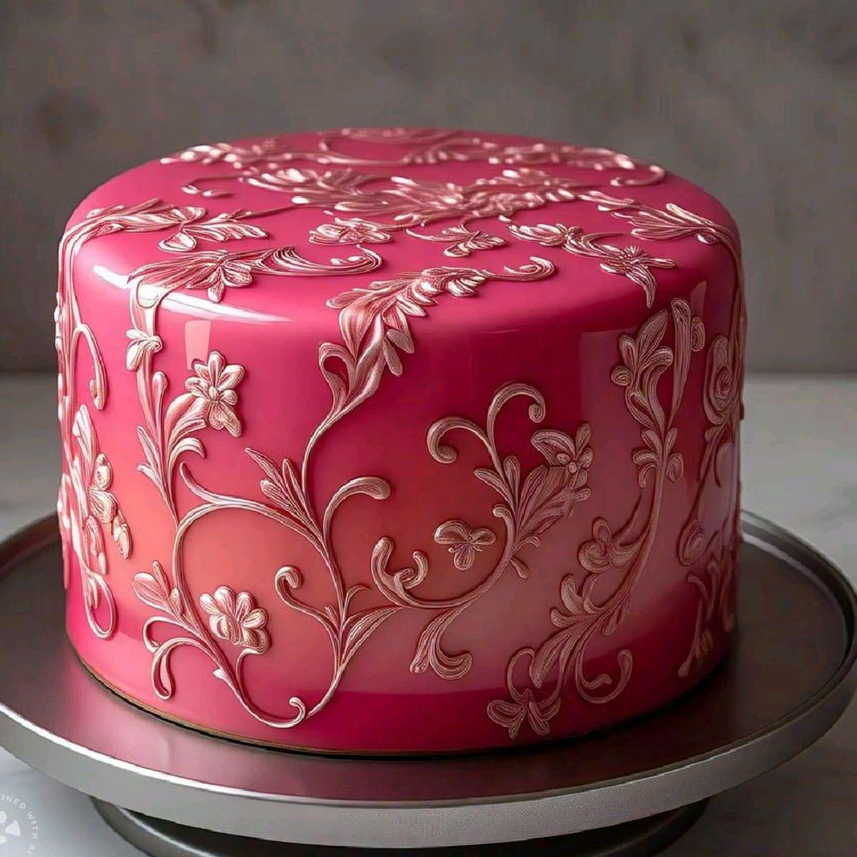 Pink fondant cake decorated with gold floral scroll patterns on dark plate
