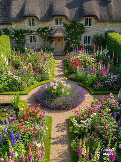 Thatched roof cottage with colorful flower garden and circular flower bed in foreground