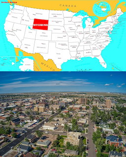 Map of the United States with Wyoming highlighted above an aerial cityscape