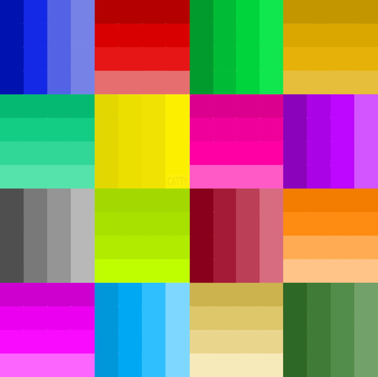 Grid of 20 solid color squares in vibrant hues arranged in rows and columns