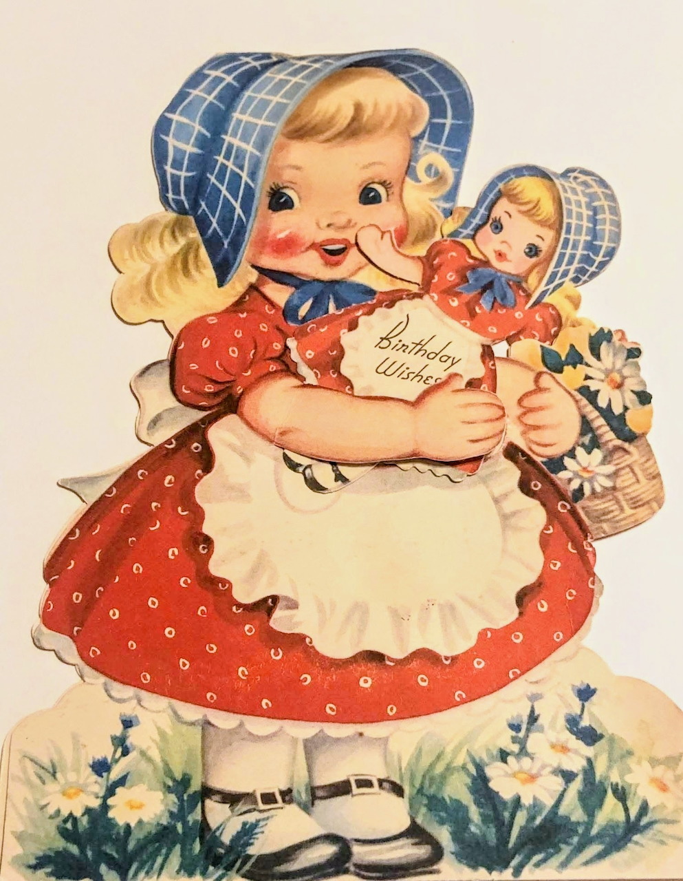 Vintage birthday card illustration of a girl in red polka-dot dress holding a doll and flower basket