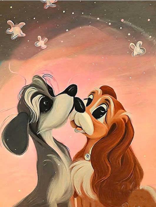 Two cartoon dogs looking at each other romantically under a pink sunset sky with white butterflies
