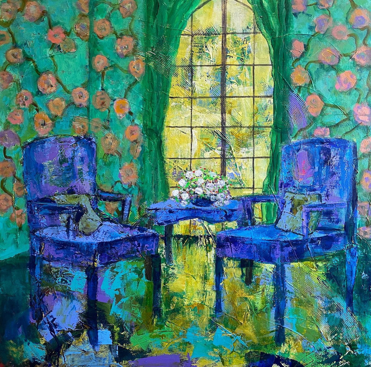 Colorful painting of blue chairs and table in front of arched window with floral walls and green curtains