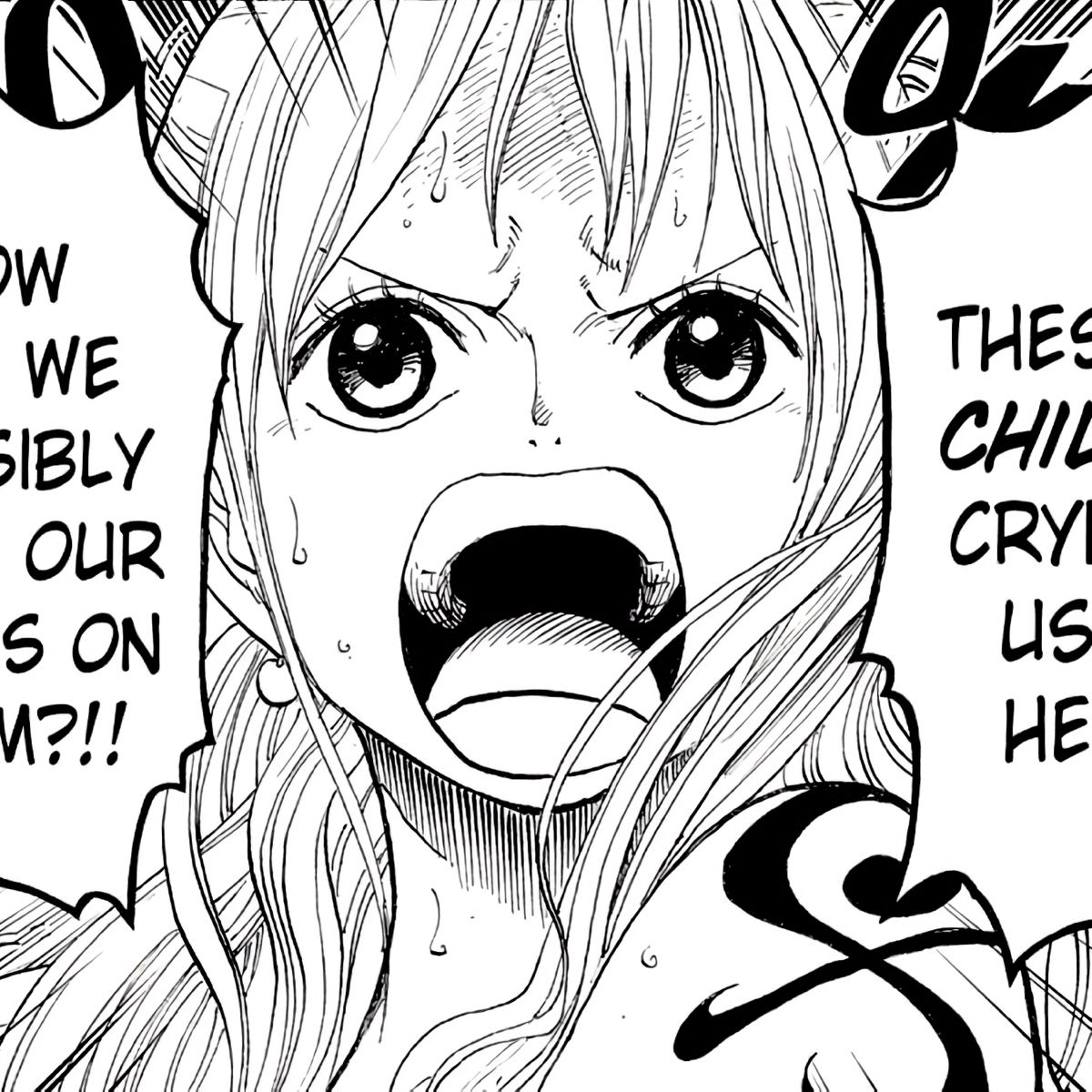 Black-and-white manga closeup of Nami shouting with tears in an anime panel