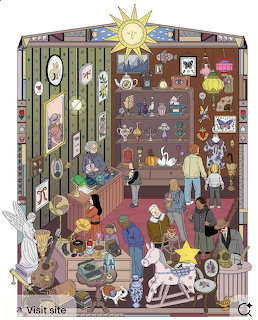 Illustration of a vintage curio shop interior with antiques, wall art, lamps, and people browsing