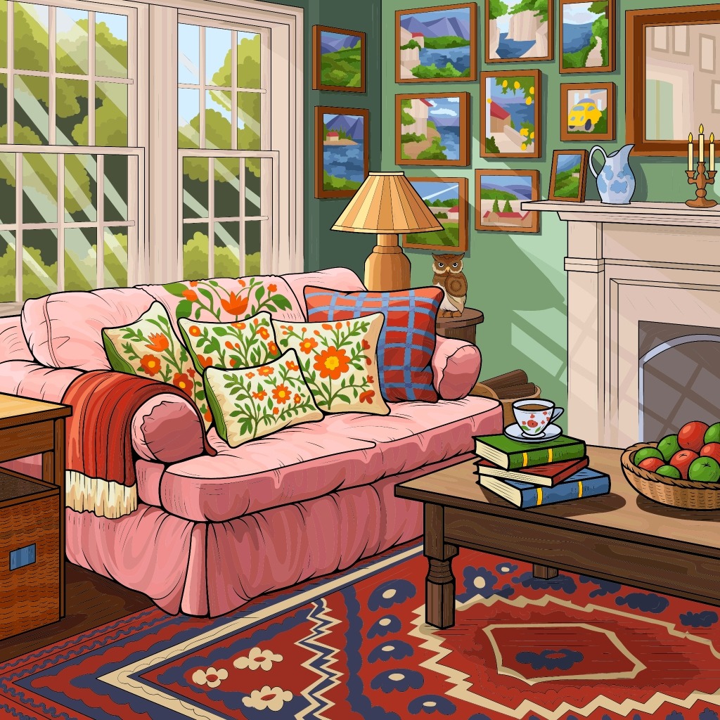 Cozy living room with pink sofa, green walls, fireplace, decorative rug, and framed landscape paintings