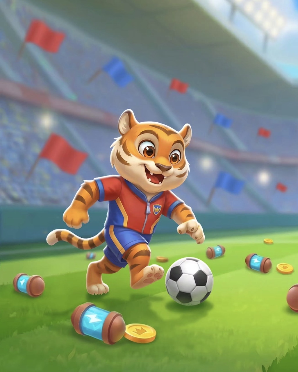 Cartoon tiger cub in a soccer outfit running with a ball on a grassy stadium field