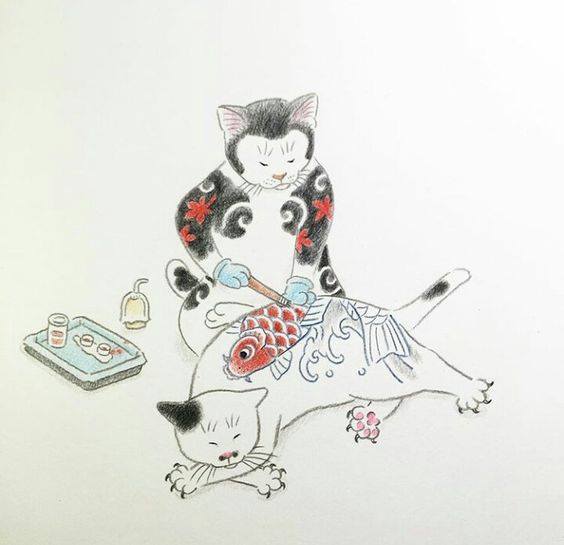 Illustration of two white cats with colorful tattoos on a plain background