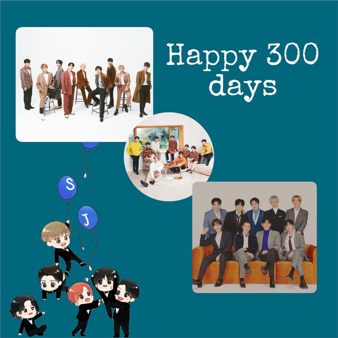Happy 300 days celebration collage with group photos and cartoon characters holding balloons on teal background