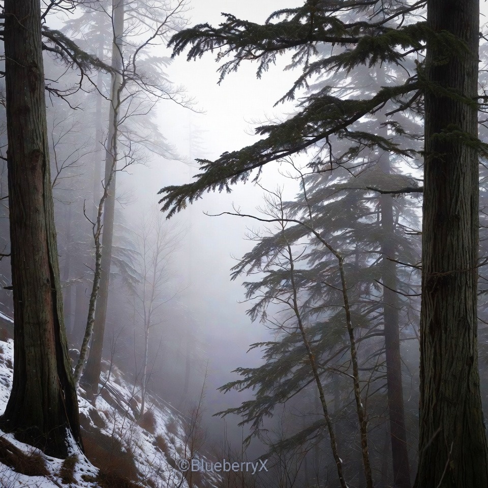 Foggy winter forest with snow-dusted trees and misty atmosphere
