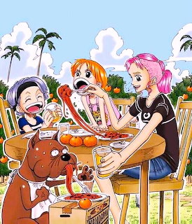 Three anime characters sharing a meal outdoors at a table with a small bear-like creature nearby