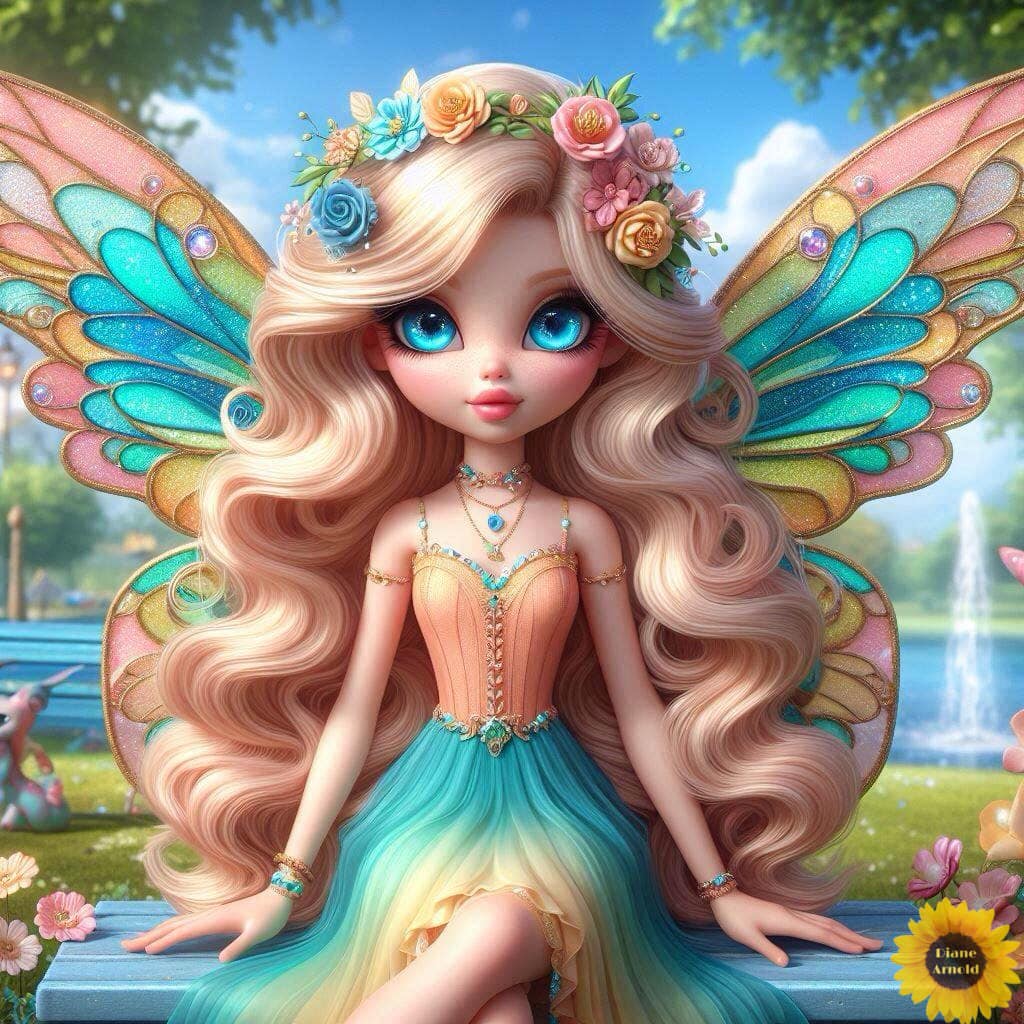 3D rendered fairy doll with big blue eyes, blonde hair, colorful wings, and flower crown sitting in a park