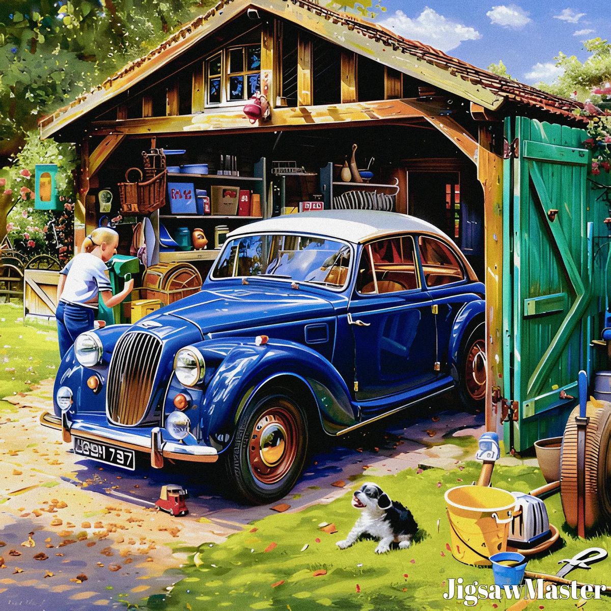 Vintage blue car in wooden garage with dog and garden setting