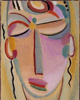 Expressionist painting of a stylized abstract face with pastel colors and bold outlines