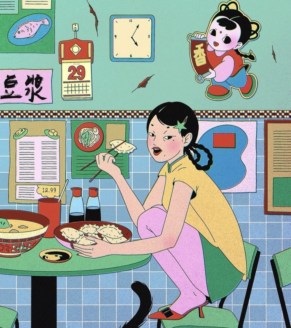 Woman in yellow dress cooking at kitchen counter with small character nearby