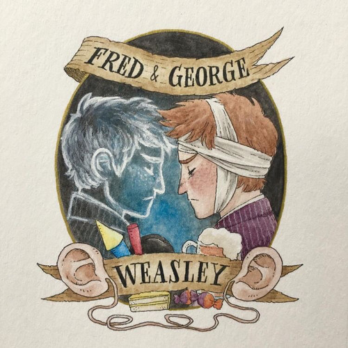 Illustration of Fred and George Weasley in an oval frame with ribbon banners