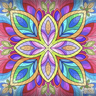 Symmetrical mandala with colorful stained glass petal design in rainbow hues