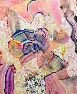 Abstract painting with colorful swirling brushstrokes and textured layers in pastel tones