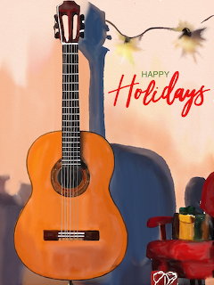 Digital illustration of an acoustic guitar with holiday lights and gifts, Happy Holidays text