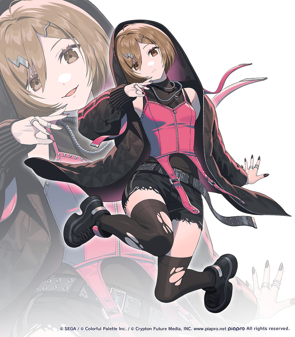 Anime girl character Meiko in pink top, black shorts and dark cape, dynamic pose, Project Sekai fan art