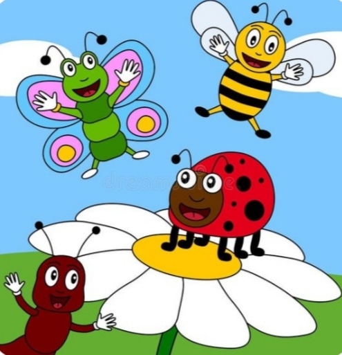 Cartoon bee, butterfly, ladybug and ant on white daisy with blue sky background