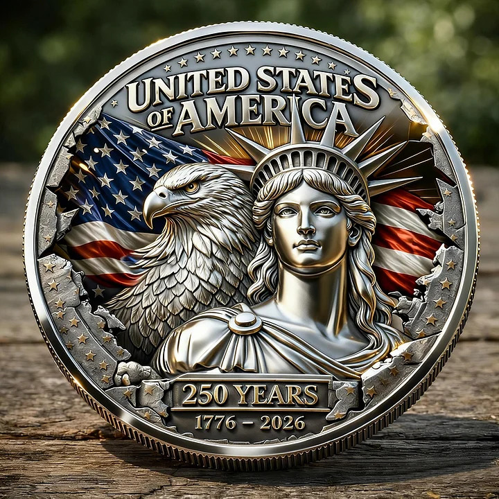 Commemorative silver coin with Statue of Liberty, bald eagle, and American flag marking 250 years of the USA