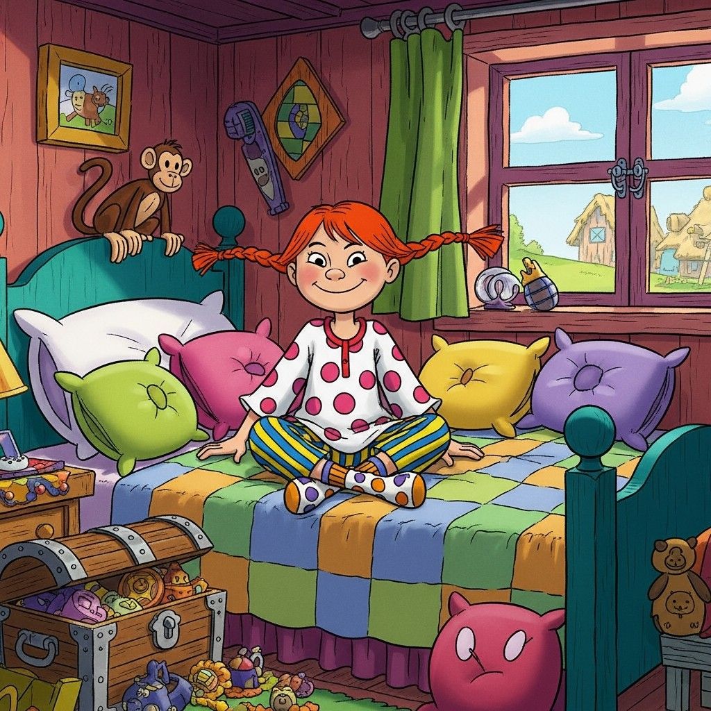 Cartoon girl with orange braids in mismatched stockings sitting cross-legged on colorful patchwork quilt in wooden bedroom