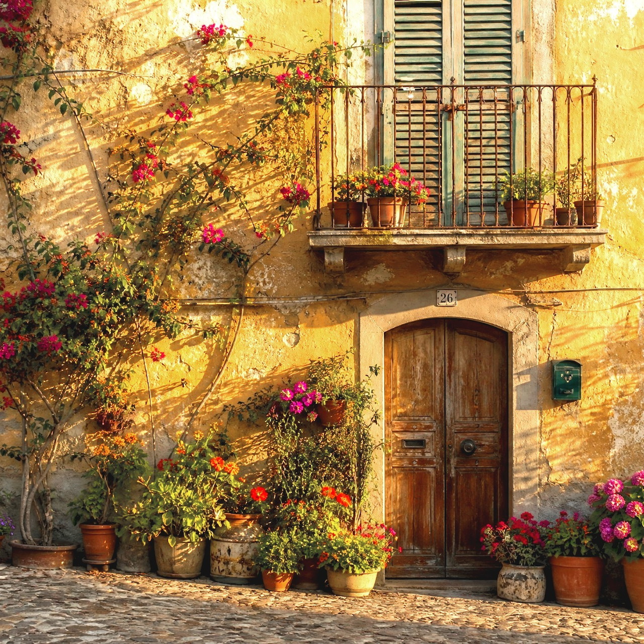 Sunlit Mediterranean courtyard with a wooden door, balcony, shutters, and many potted flowers