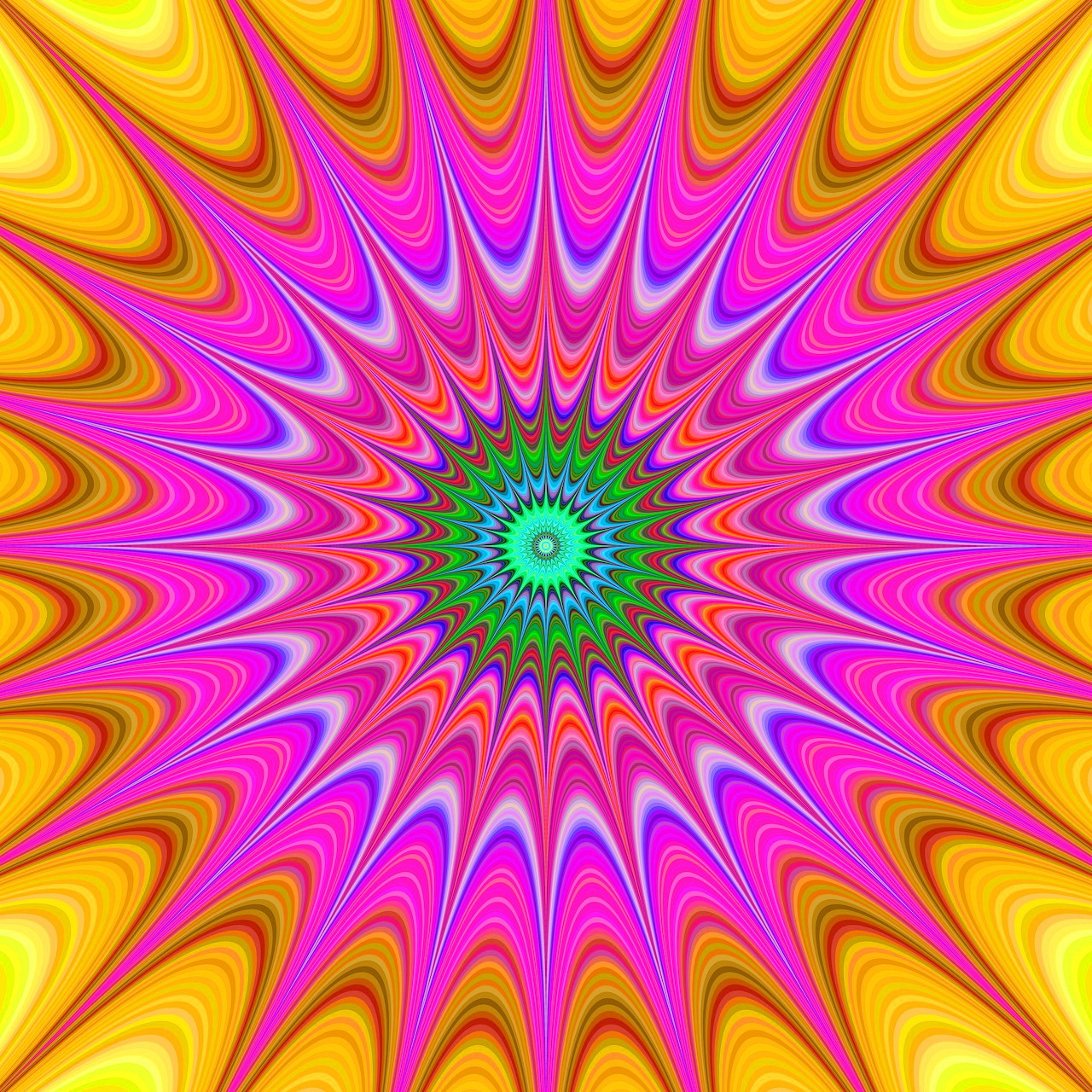 Colorful symmetrical mandala with rainbow waves radiating from turquoise center in psychedelic starburst pattern