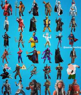 Grid collage of 36 Fortnite collaboration skins including superheroes and pop culture characters