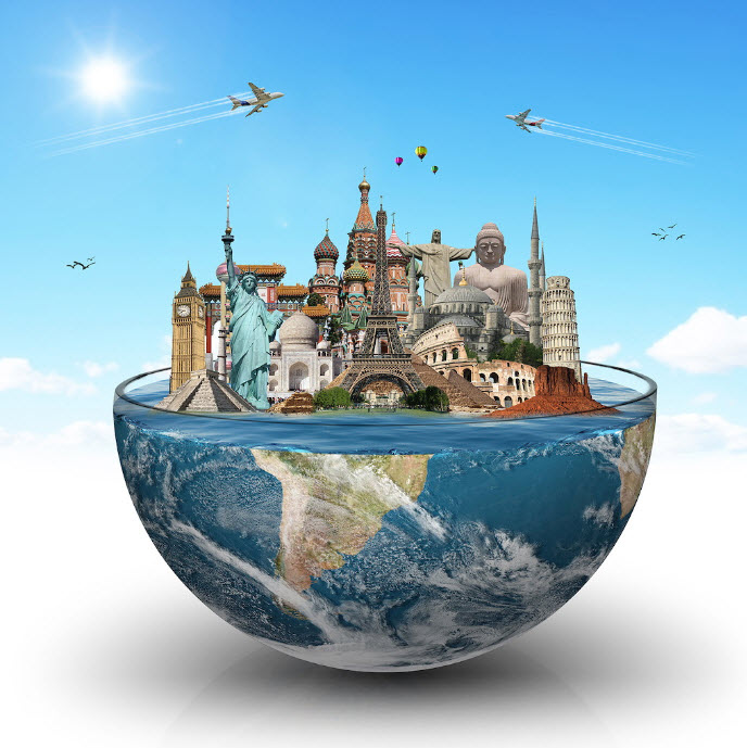 Glass bowl shaped like Earth with famous world landmarks arranged on top against blue sky with airplanes