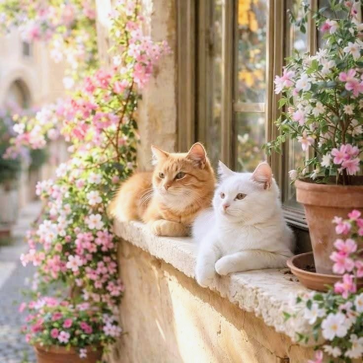 Orange and white cats resting on a stone window ledge surrounded by pink flowers