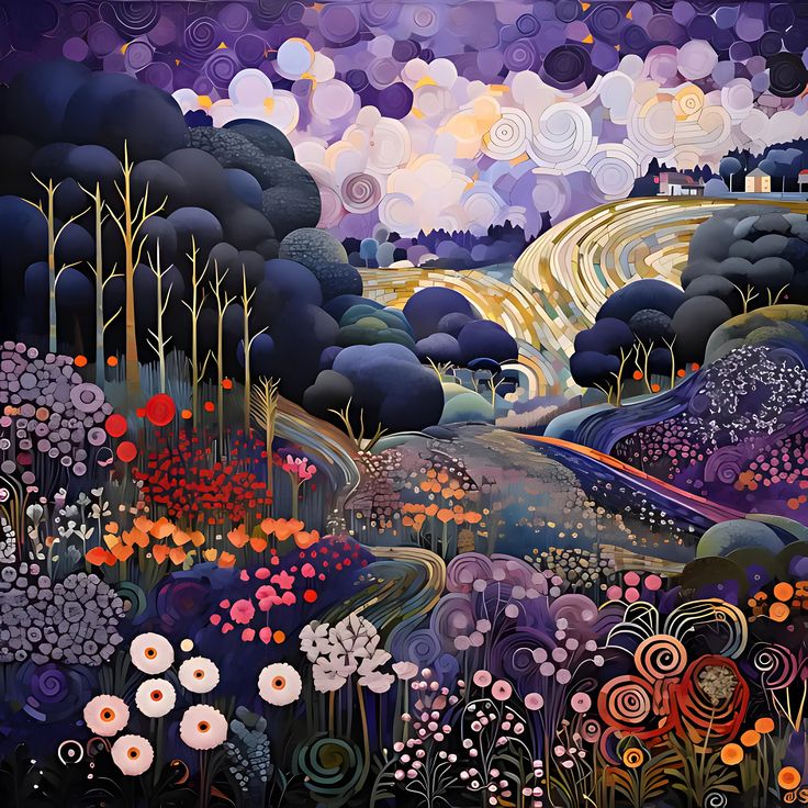 Stylized landscape with waterfall, rounded hills, flowers, and purple clouds