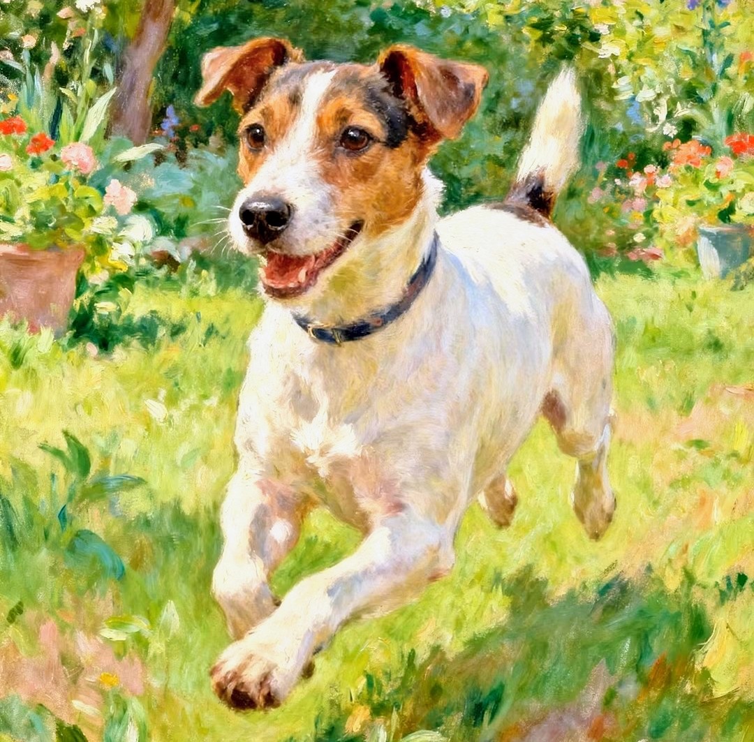 Happy white and brown terrier dog running through green grass and flowers