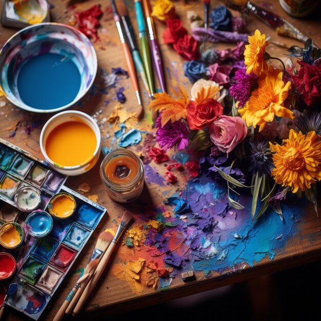 Artistic palette with colorful flowers, paintbrushes, and watercolor paints on wooden table