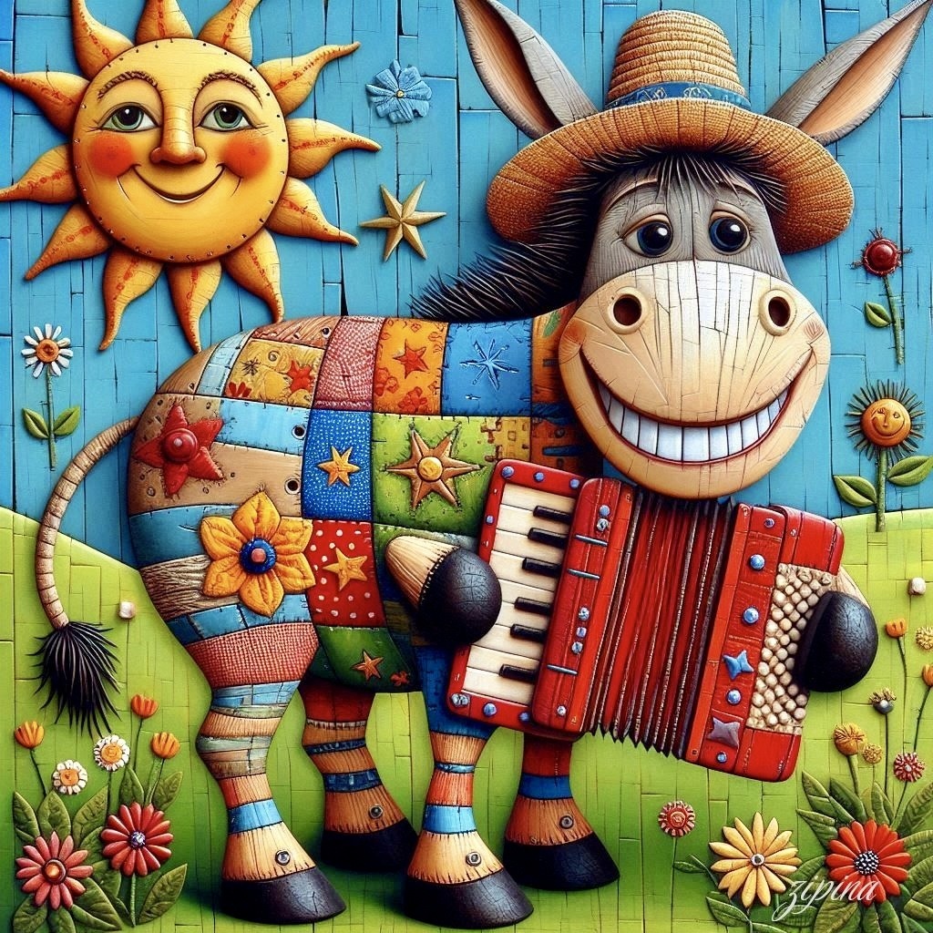 Cheerful donkey in straw hat playing red accordion next to colorful patchwork quilt with sun and flowers