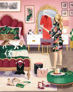 Illustrated bedroom with mirror, clothing, plants, furniture and accessories in pink and green color scheme